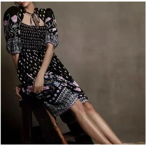 NEW Anthropologie Smocked Black Floral Midi Dress Short Sleeve Size Small $180 - Picture 2 of 14